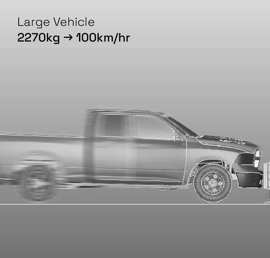 Digital illustration of a large pickup truck crashing into a barrier at high speed, with text: Large Vehicle 2270kg &rarr; 100km/hr on a gray gradient background.