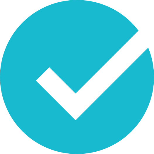 A bold white check mark inside a solid turquoise blue circle on a light gray background.