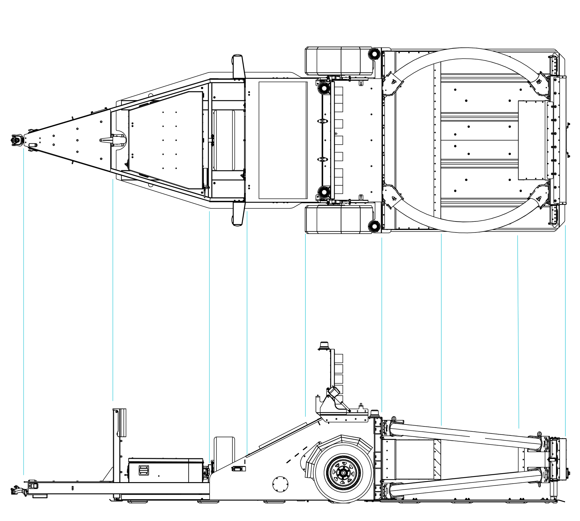 Technical drawing of a large, wheeled vehicle or trailer viewed from above and from the side, showing structural details, a circular platform, and various mechanical components. Blue guide lines run vertically through the diagram.
