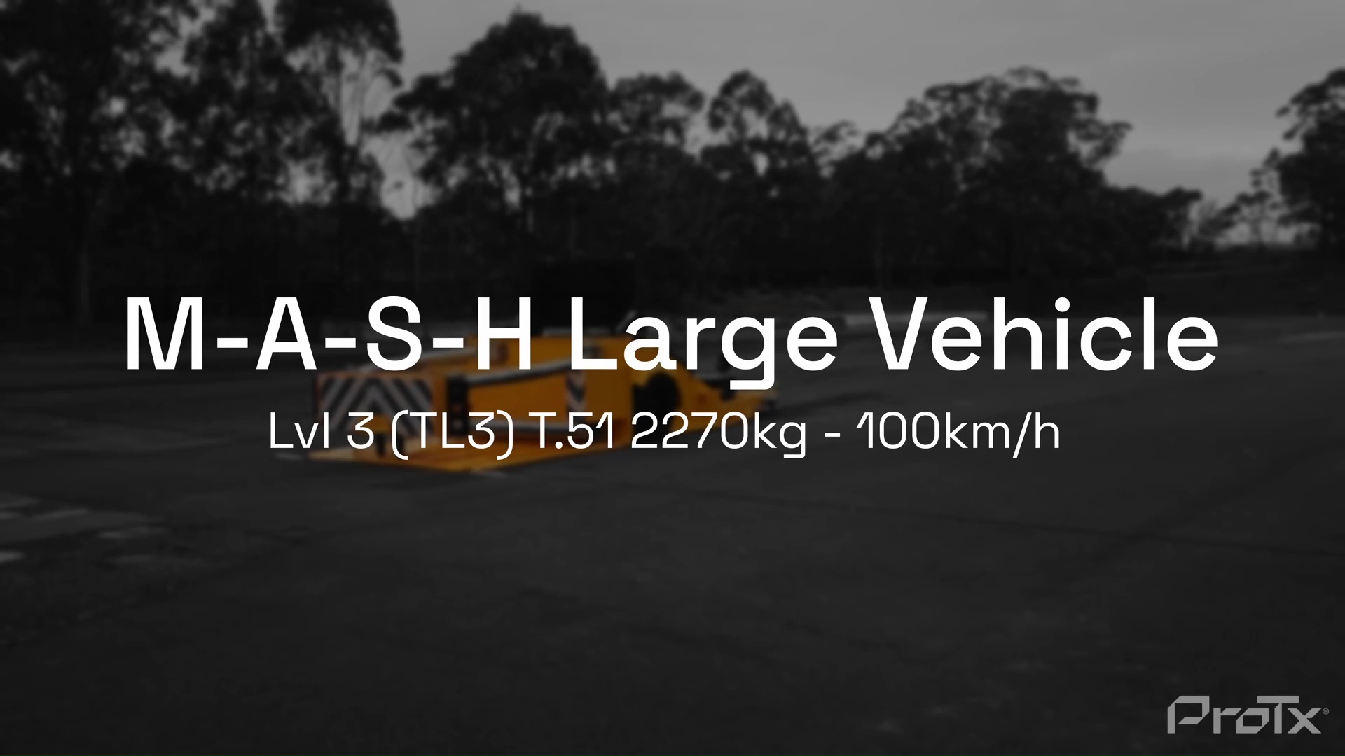 A yellow large vehicle is parked outdoors on an empty lot with trees in the background. Overlay text reads: M-A-S-H Large Vehicle Lvl 3 (TL3) T.51 2270kg - 100km/h. The background is in grayscale except for the vehicle.