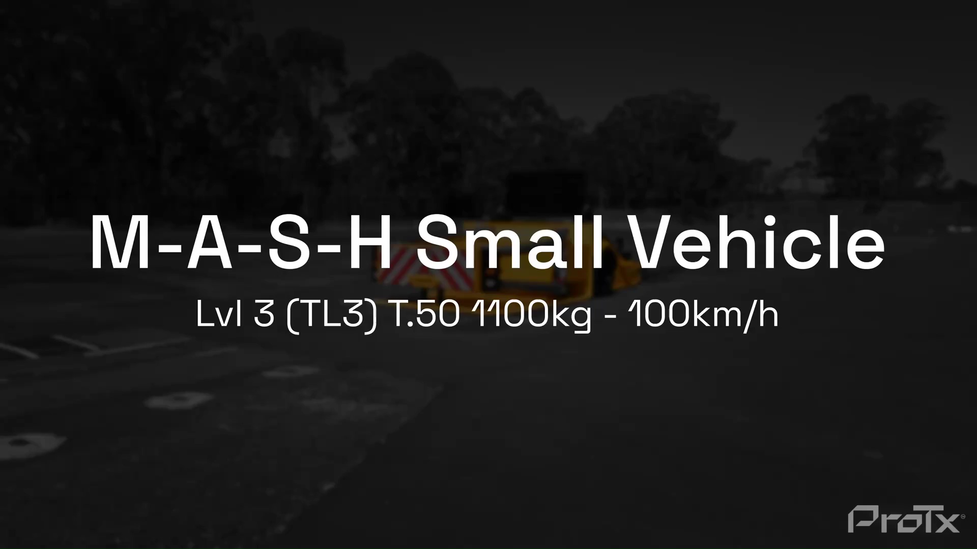 Text reading “M-A-S-H Small Vehicle, Lvl 3 (TL3) T:50 4100kg - 100km/h” is overlaid on a dimly lit image of a small vehicle parked on a road with trees in the background.