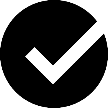 A bold black circle with a large white check mark inside, symbolizing confirmation, approval, or completion.